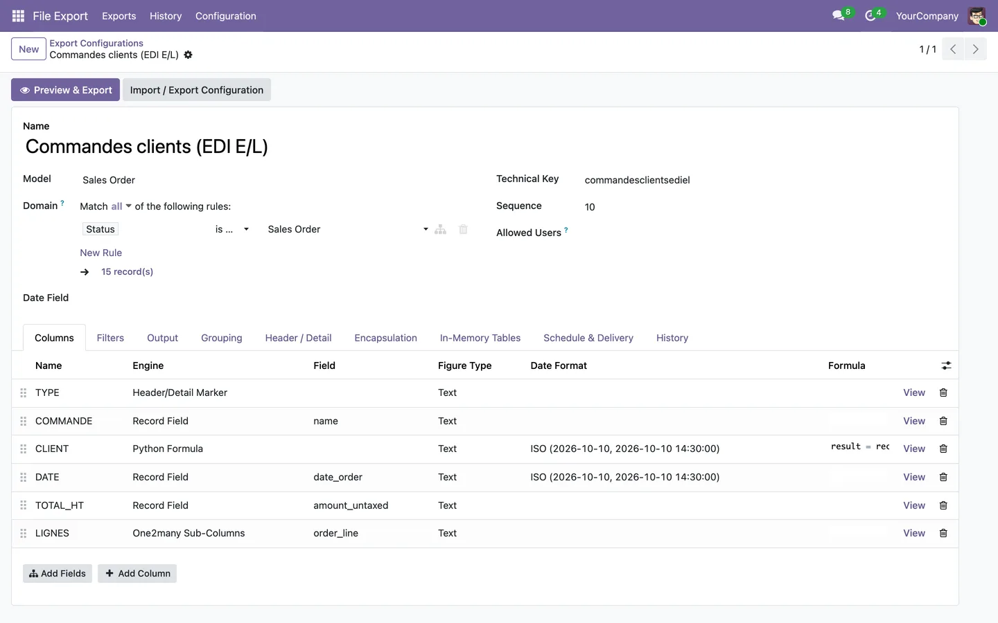 Column configuration of an order export
