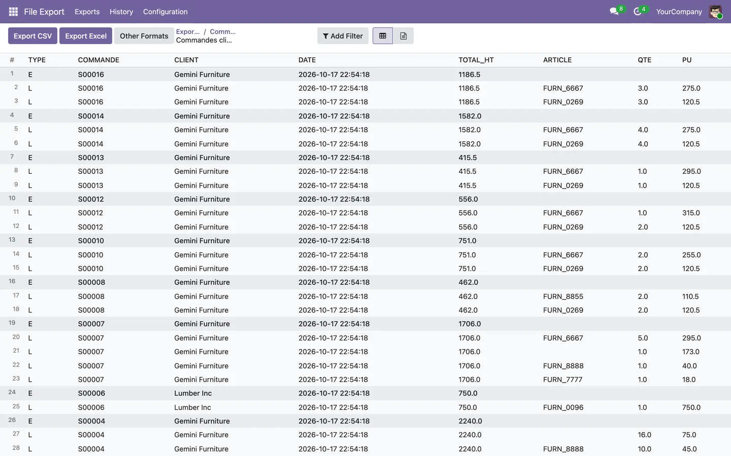 Grid preview of a header and detail export