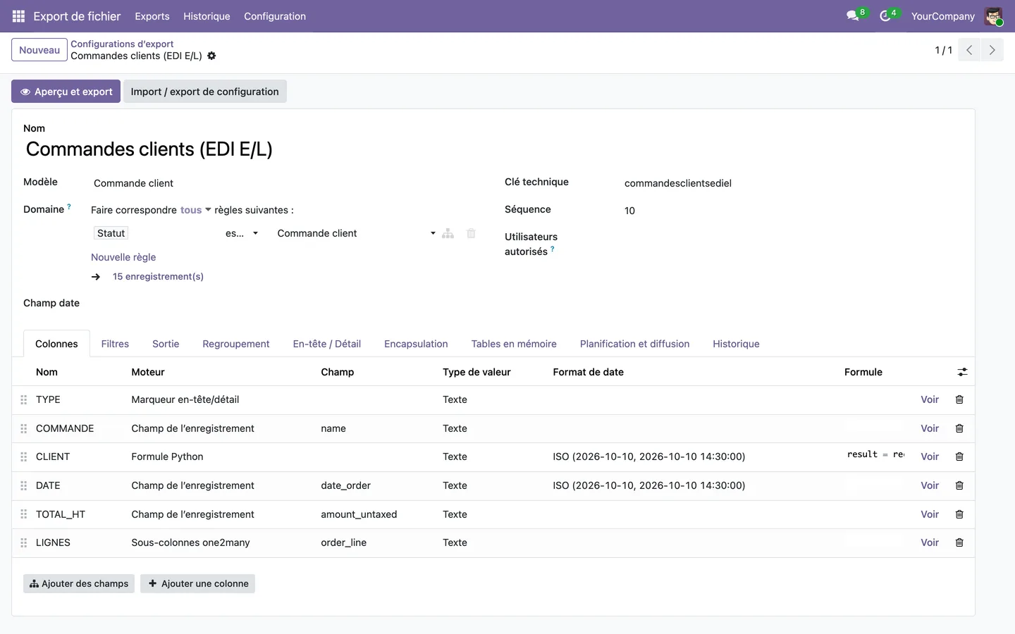 Configuration des colonnes d'un export de commandes