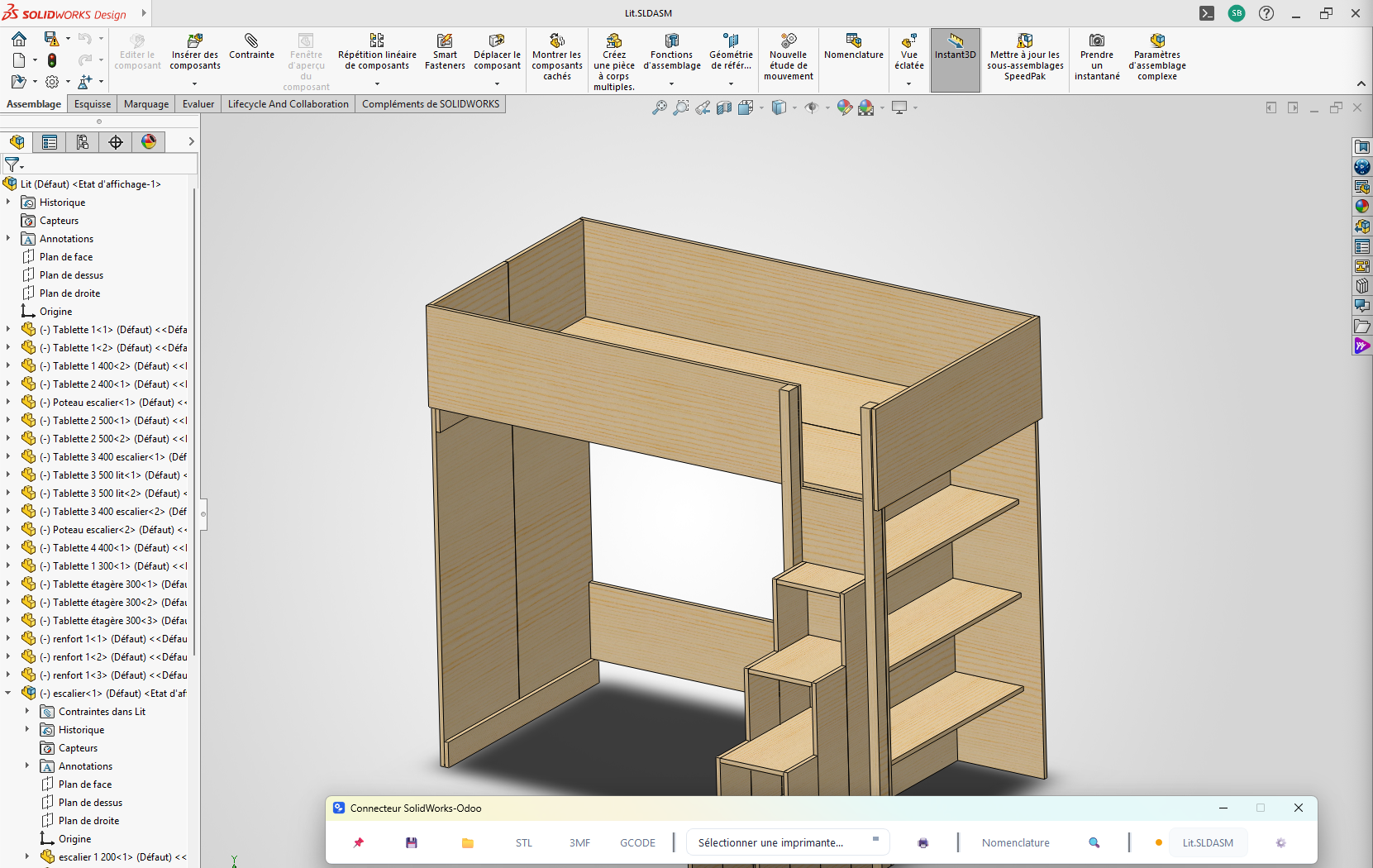 SolidWorks avec la barre du connecteur Odoo sous un assemblage