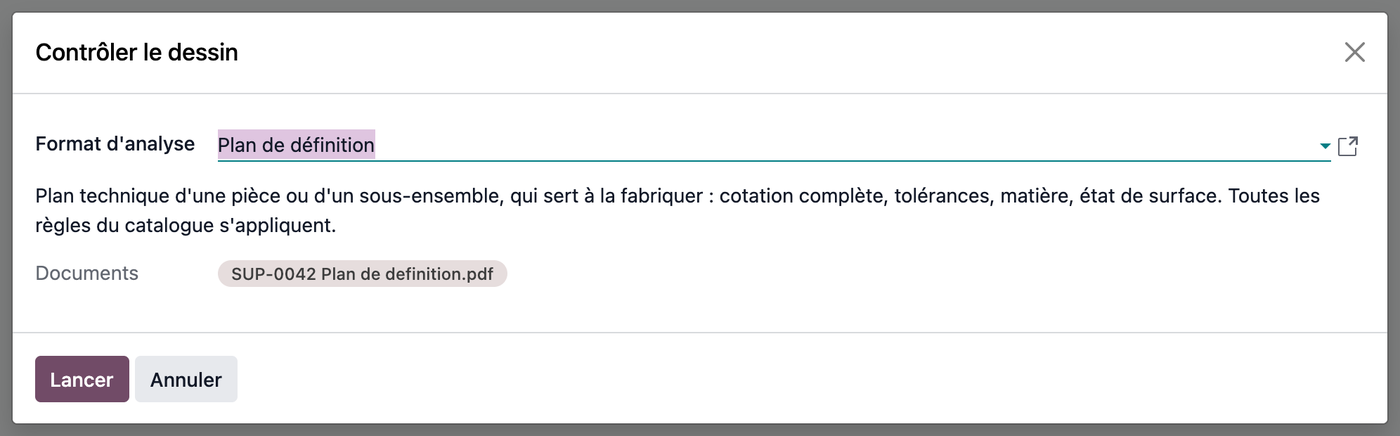 Choix du format d'analyse au lancement d'un contrôle