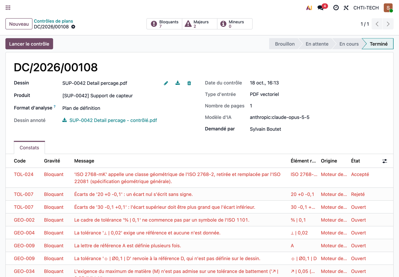 Fiche d'un contrôle terminé avec ses constats