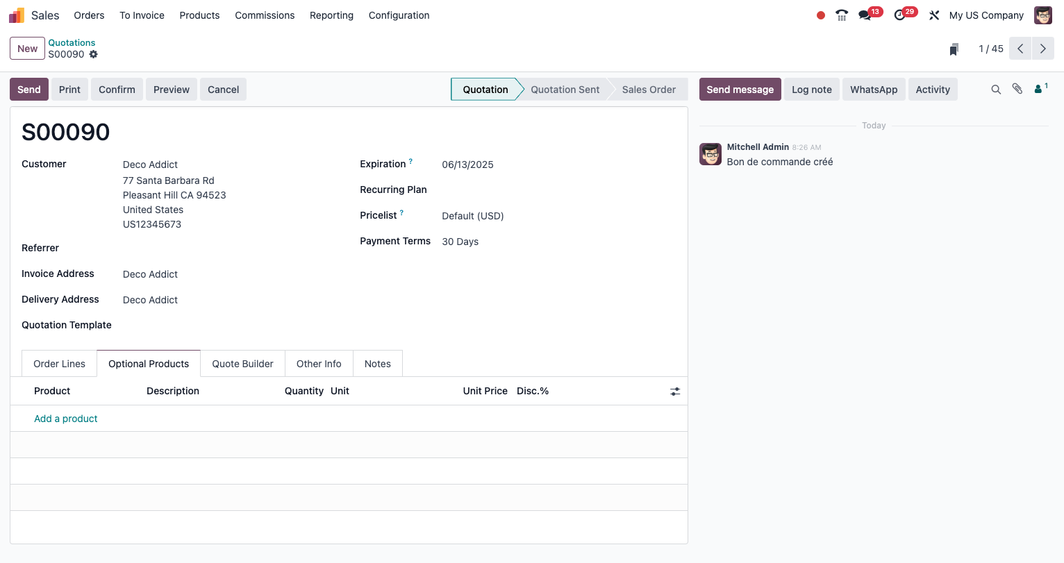 Configuration des produits optionnels dans un devis