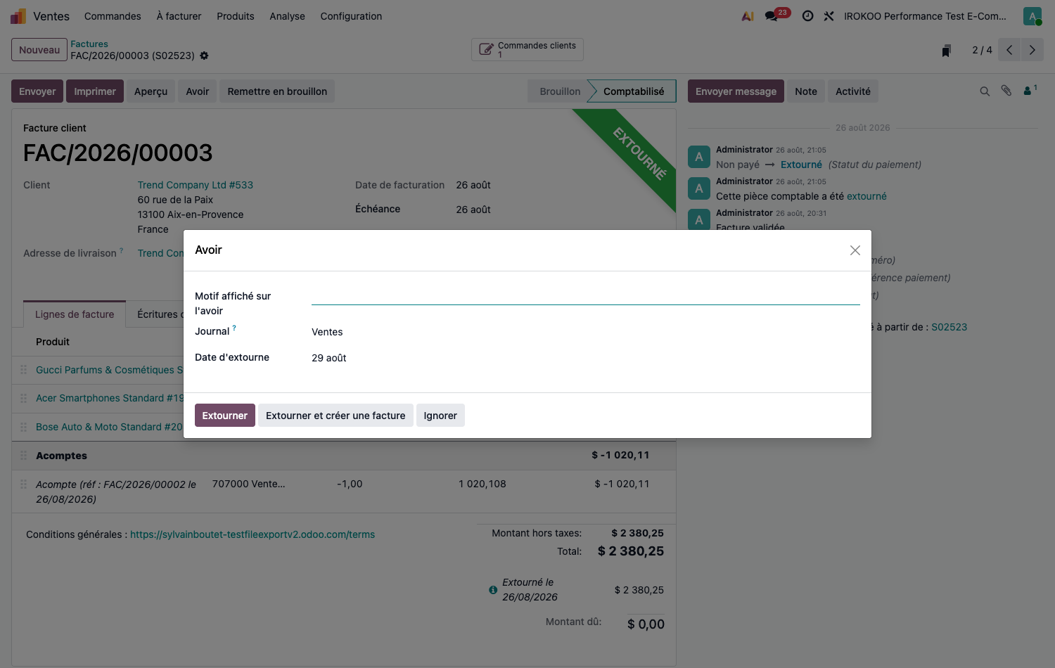 Création d'un avoir