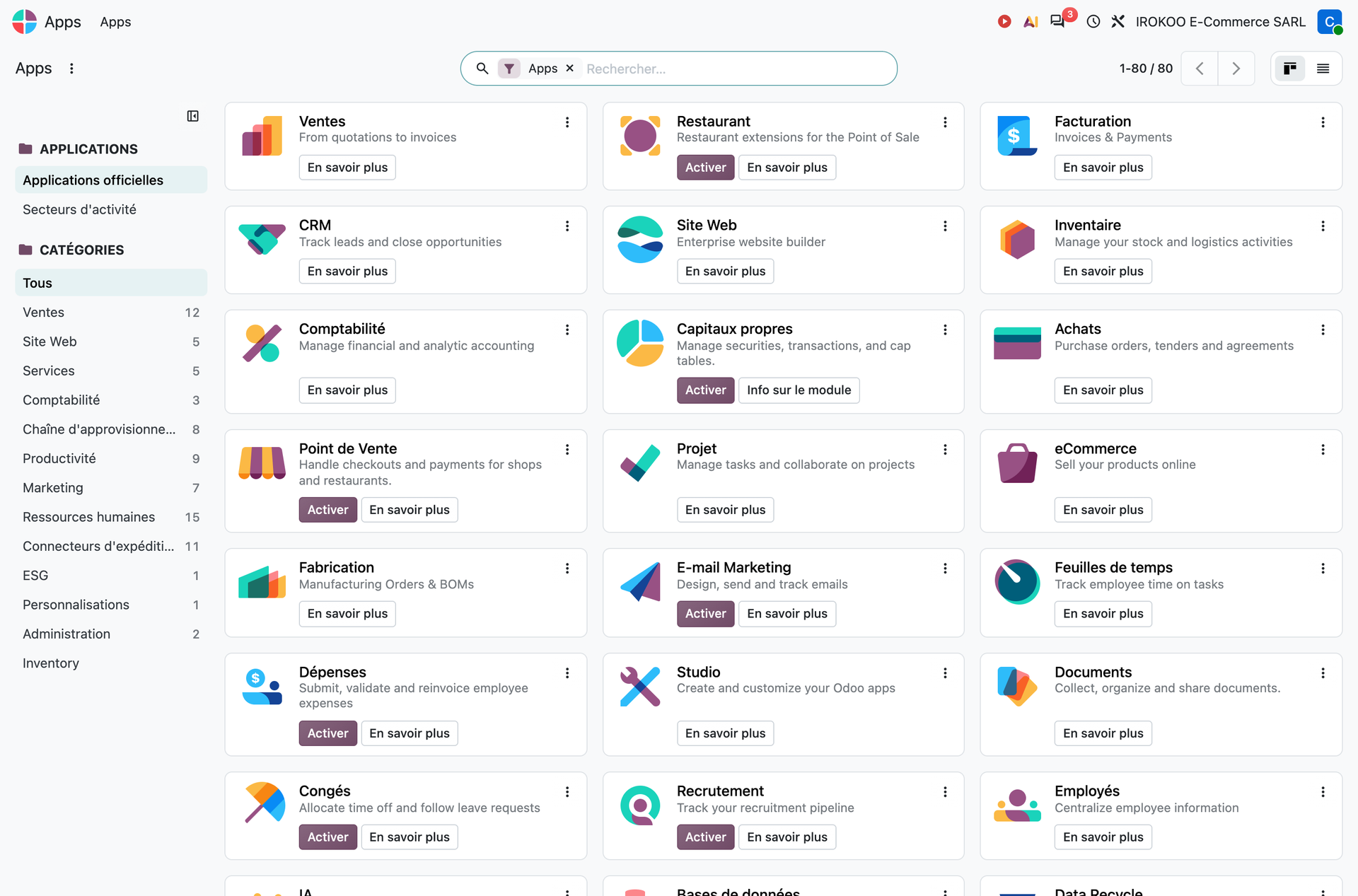 Écran d'installation des applications