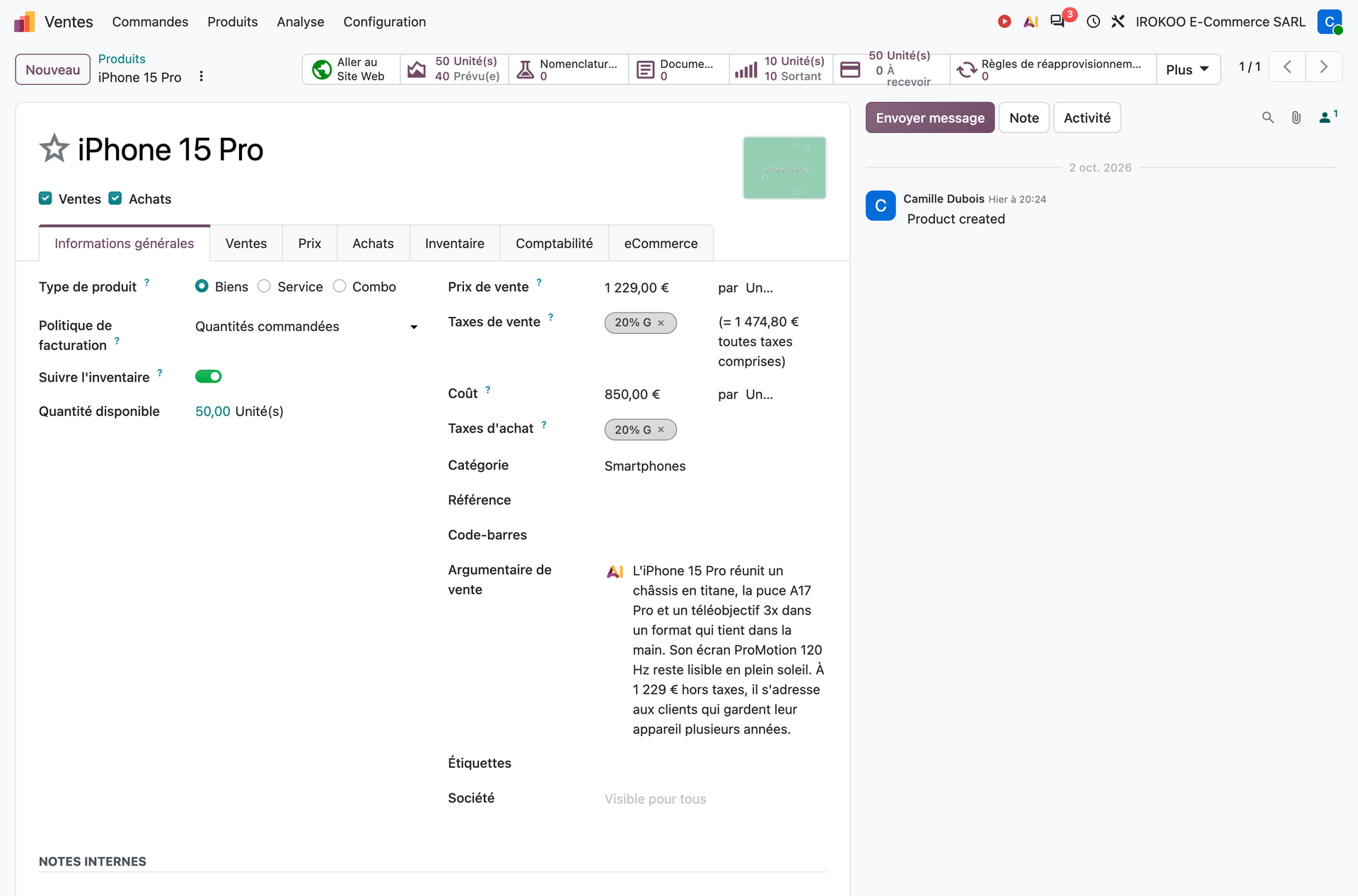 Champ complété par l'assistant sur une fiche produit
