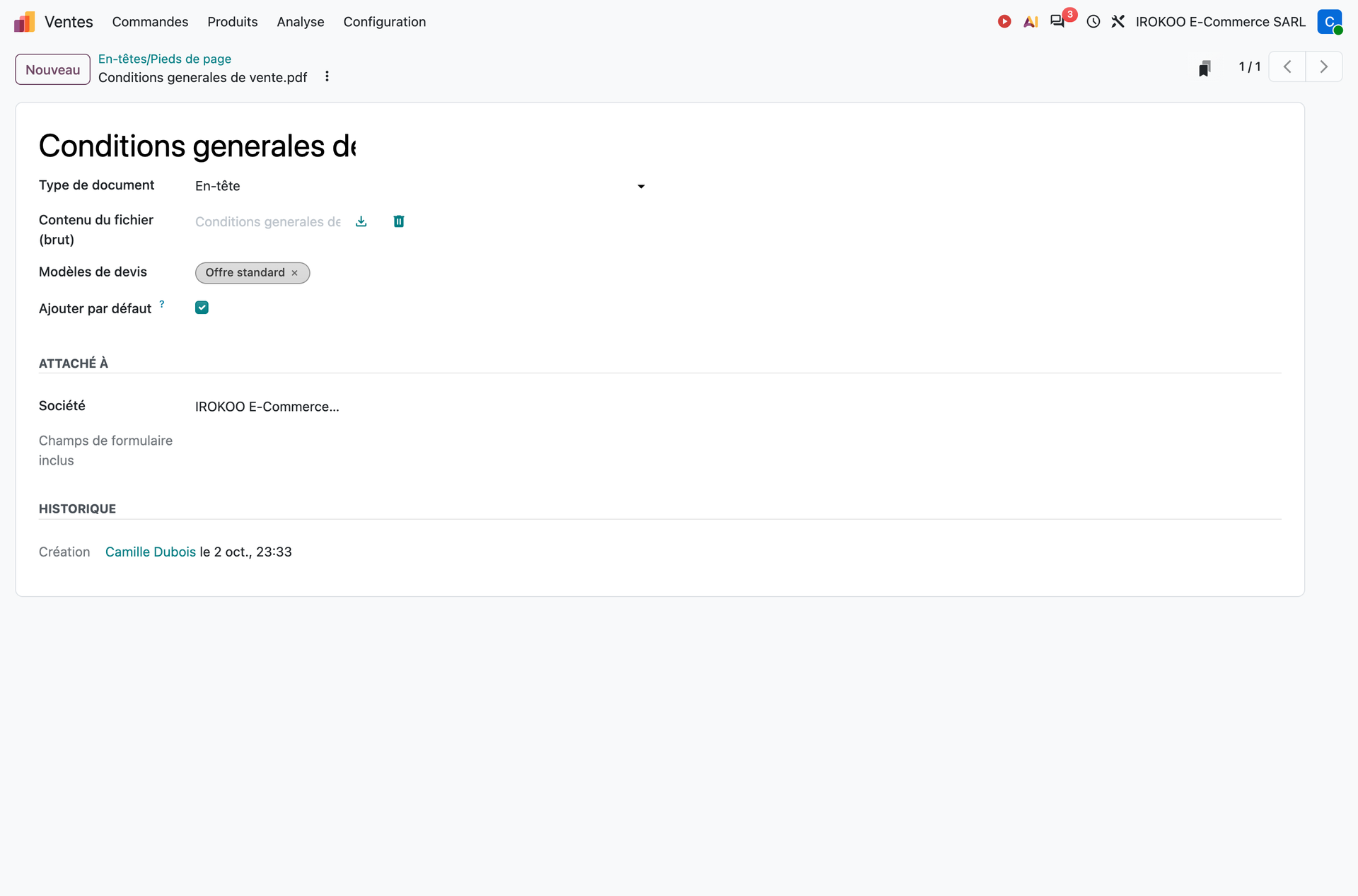 Configuration d'un en-tête de devis