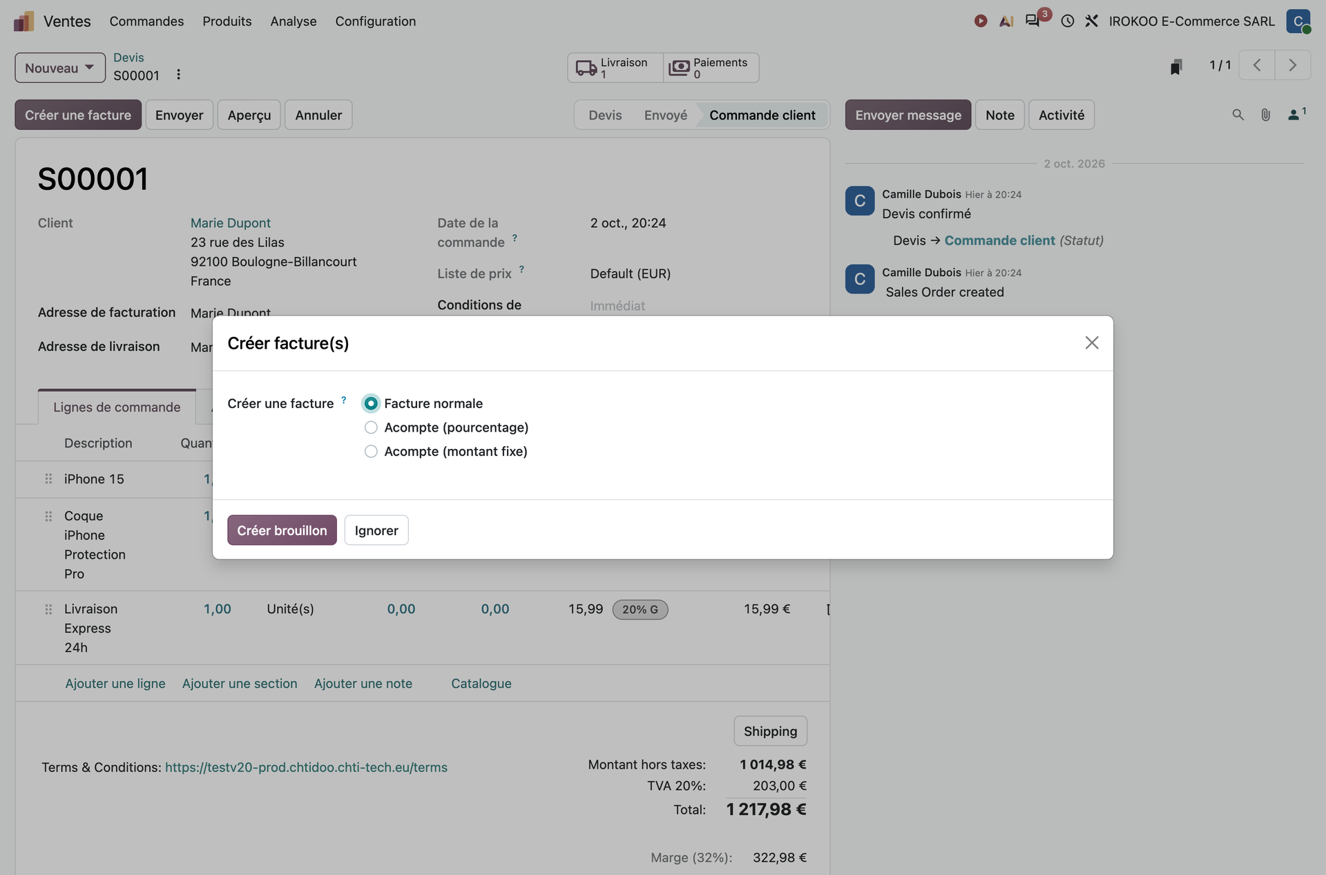 Assistant de création de facture depuis une commande
