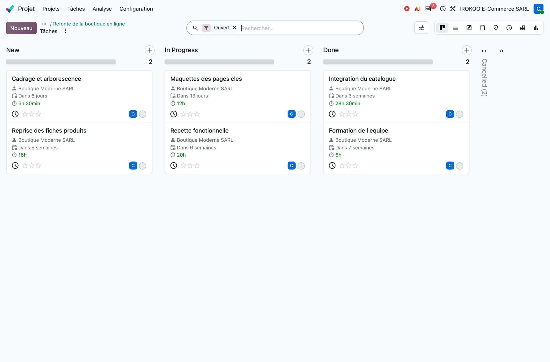 Tâches d'un projet en vue kanban