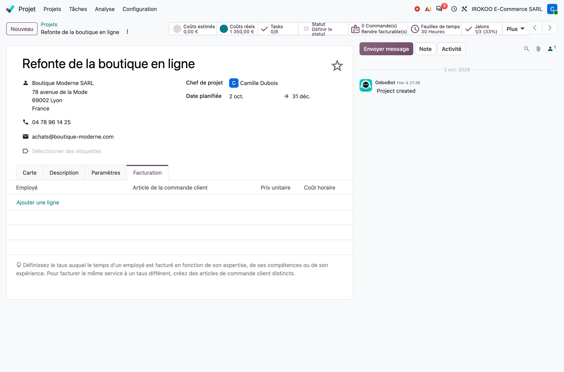 Boutons intelligents d'un projet facturable