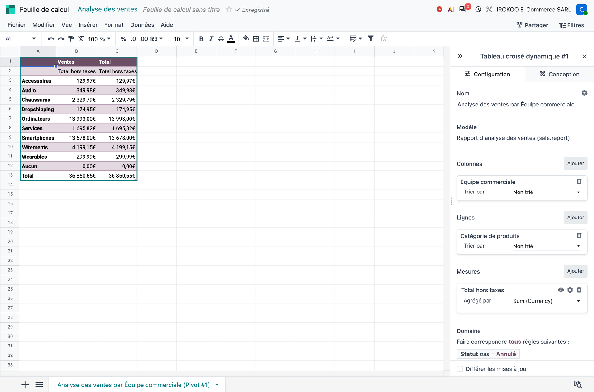 Feuille de calcul connectée à une analyse