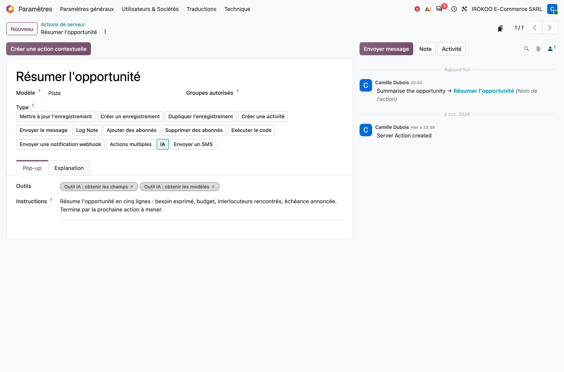 Action de serveur de type IA