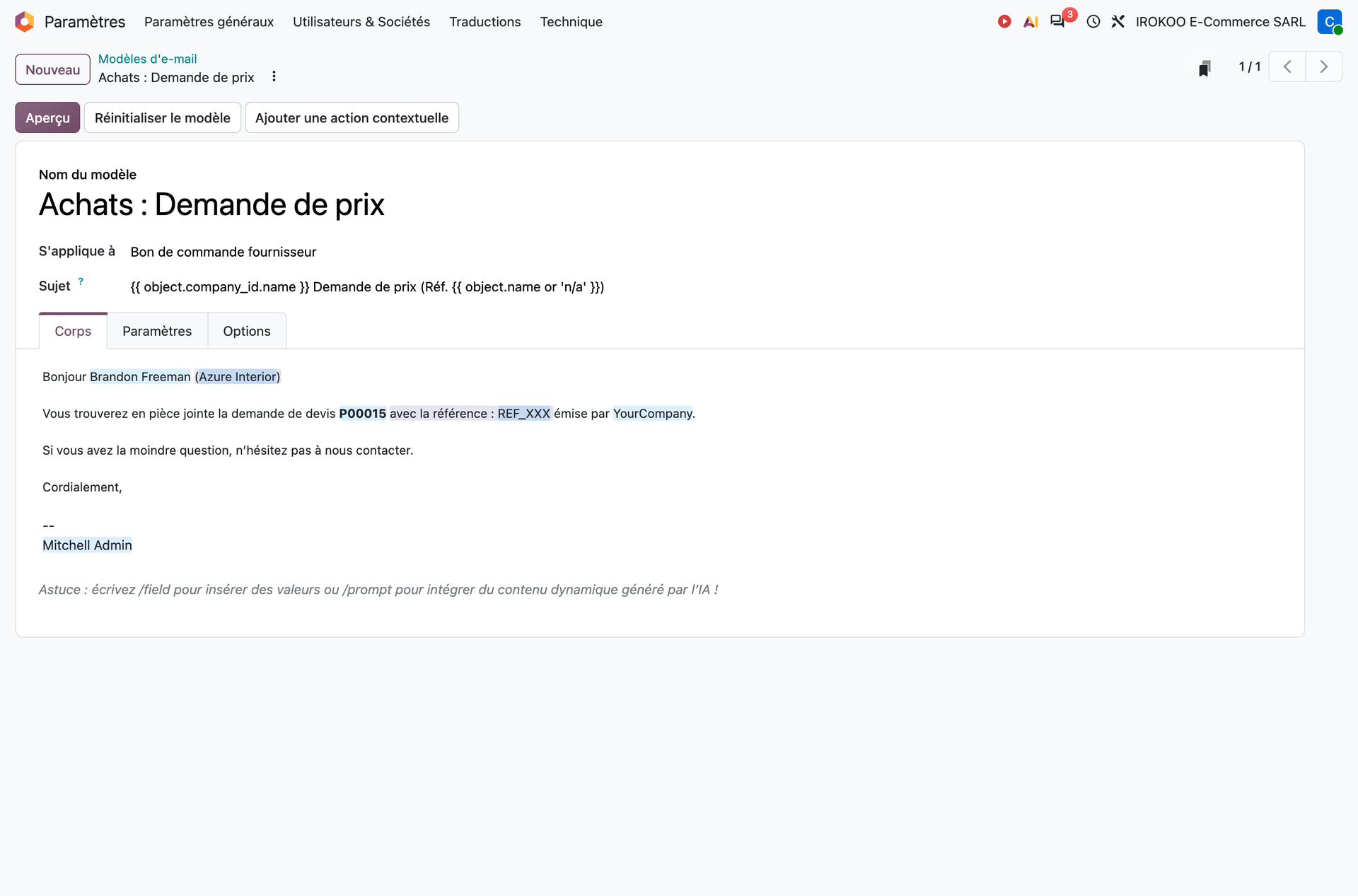 Modèle d'e-mail et son onglet Corps