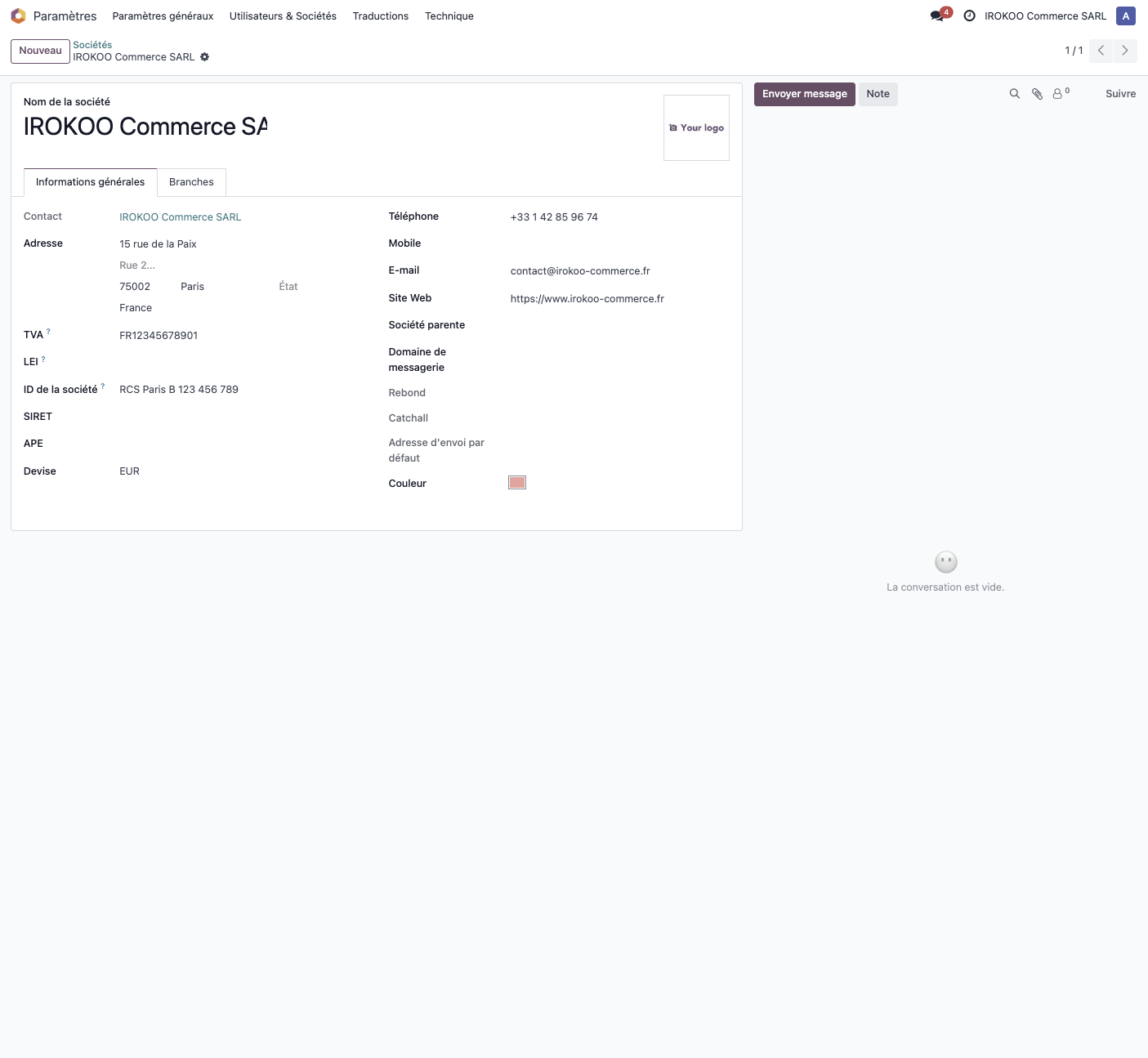 The company configuration screen