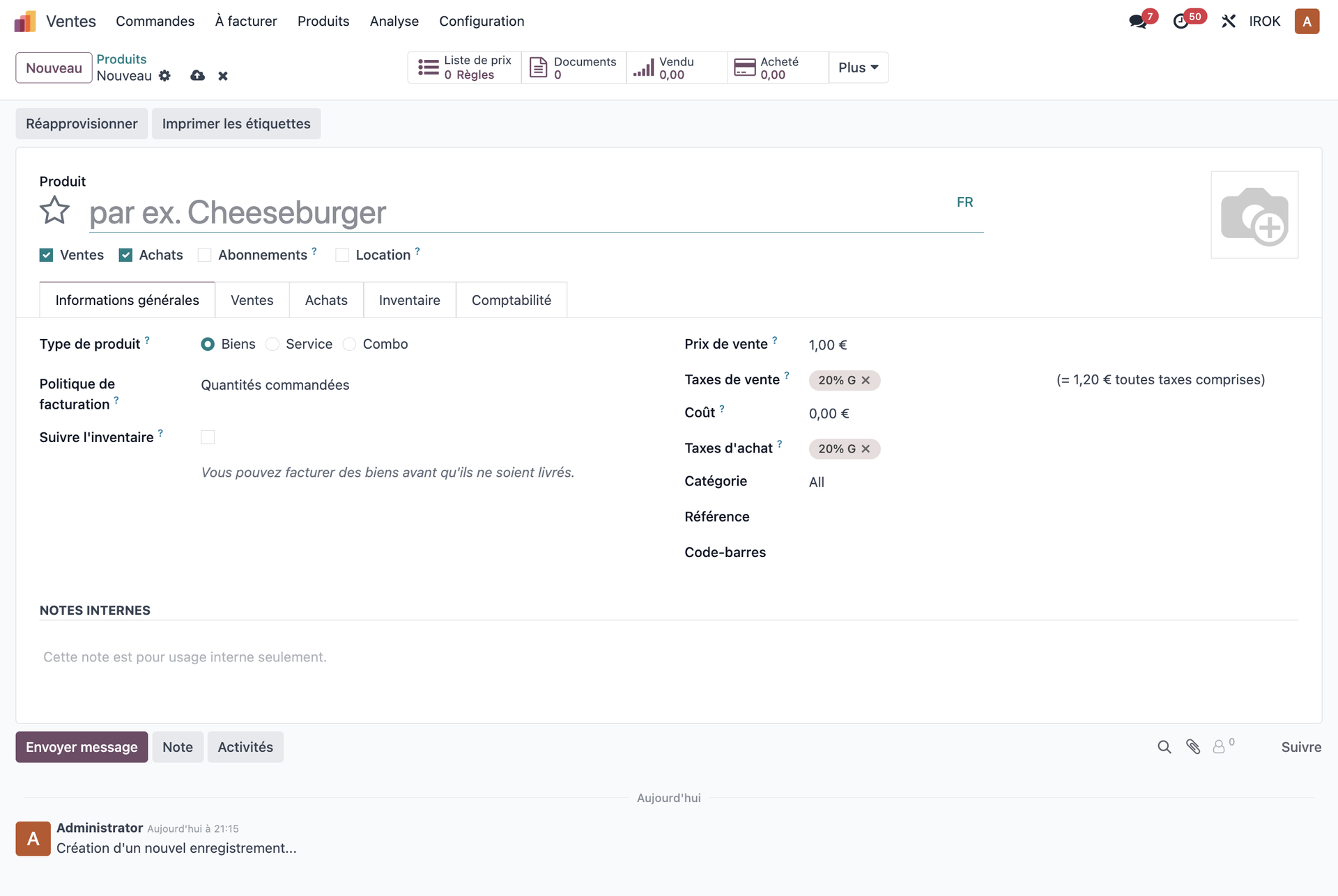 The product creation form
