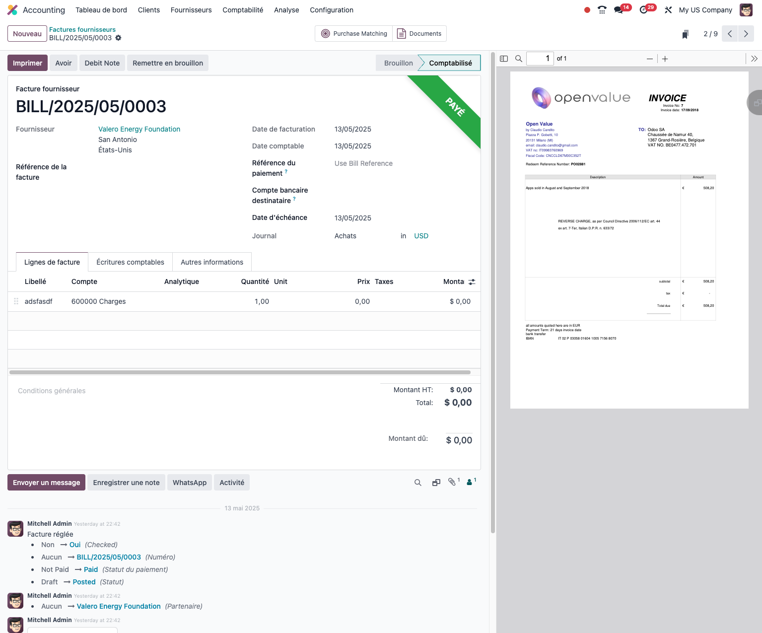 Creating a vendor bill from an order