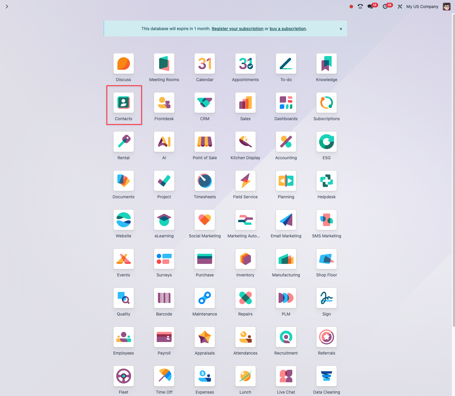 The Contacts application in the Odoo interface