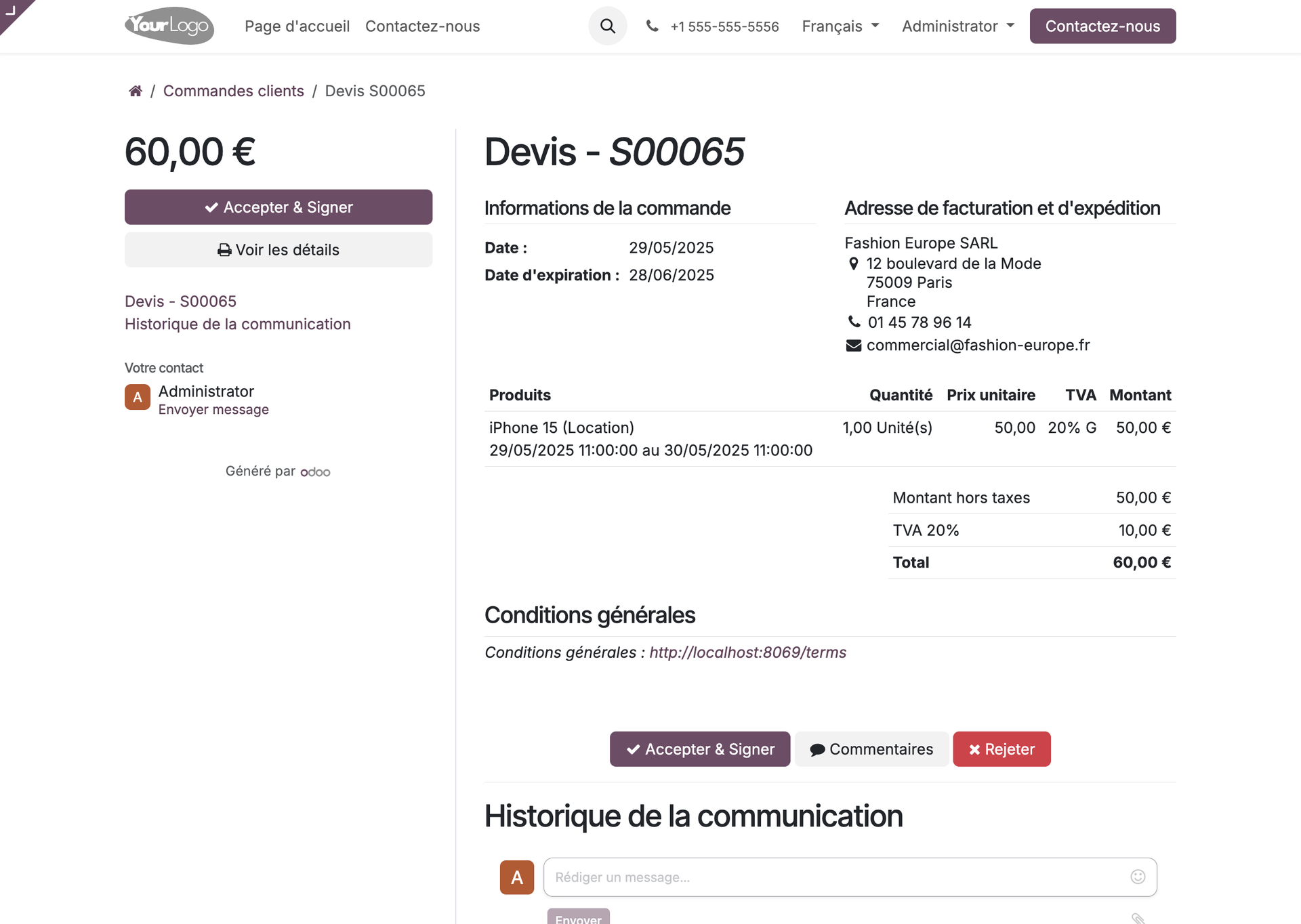 The quotation seen in the customer portal