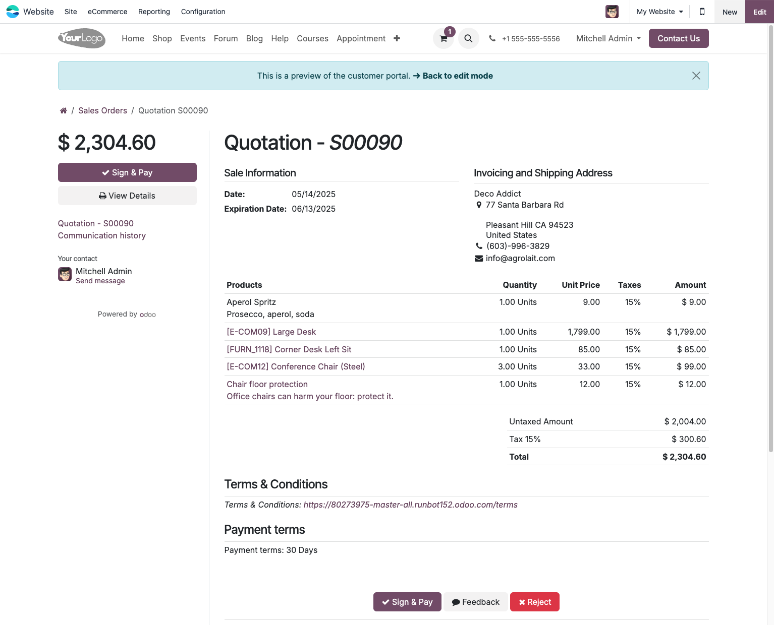 A customer accepting a quotation online
