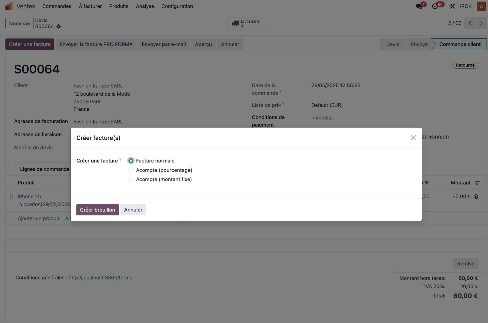 Creating an invoice from a sales order