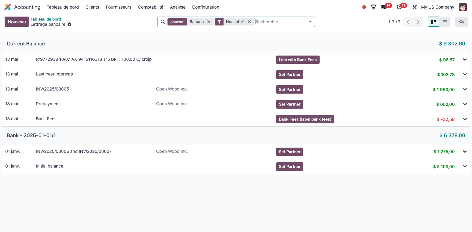 The bank reconciliation screen