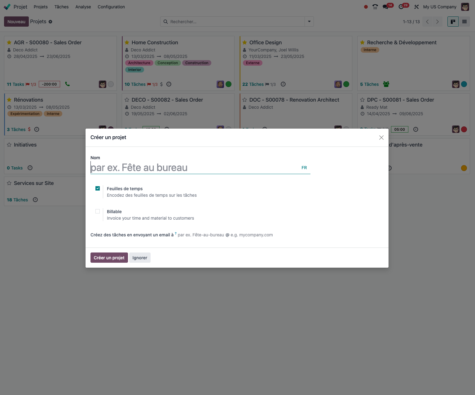 The project creation screen