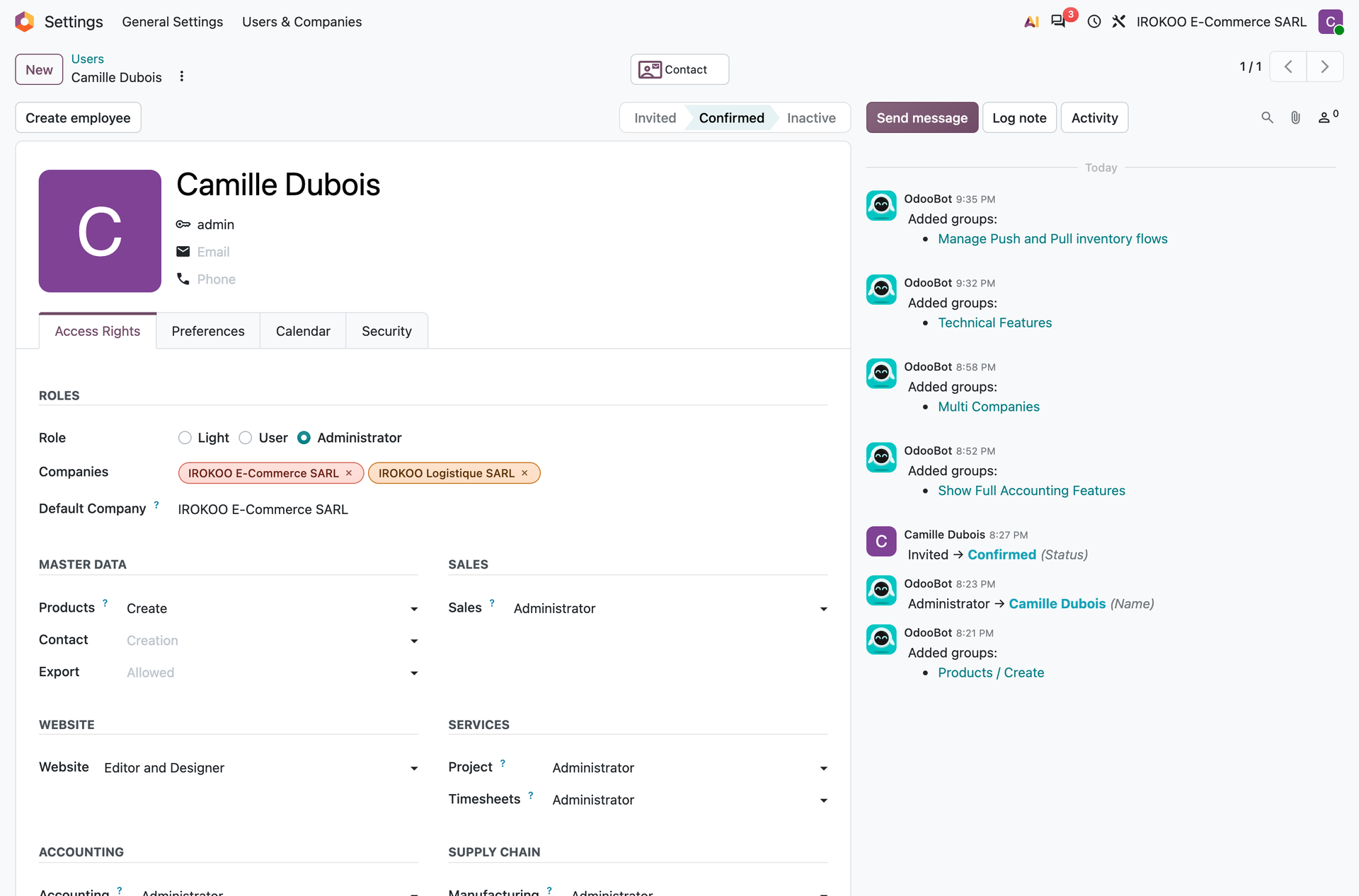 The Access Rights tab of a user