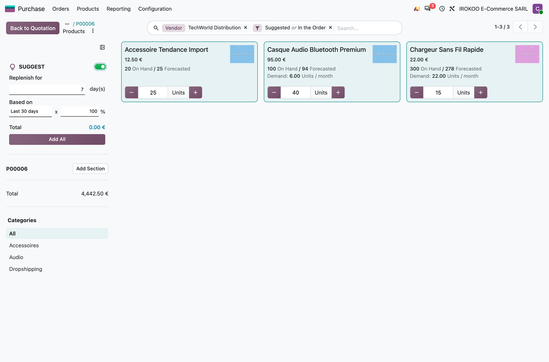 Quantity suggestion panel