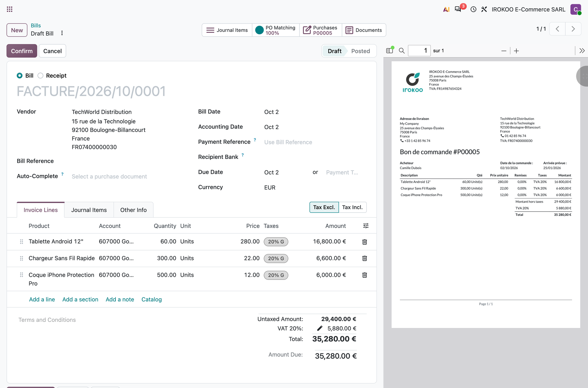 Vendor bill uploaded from an order