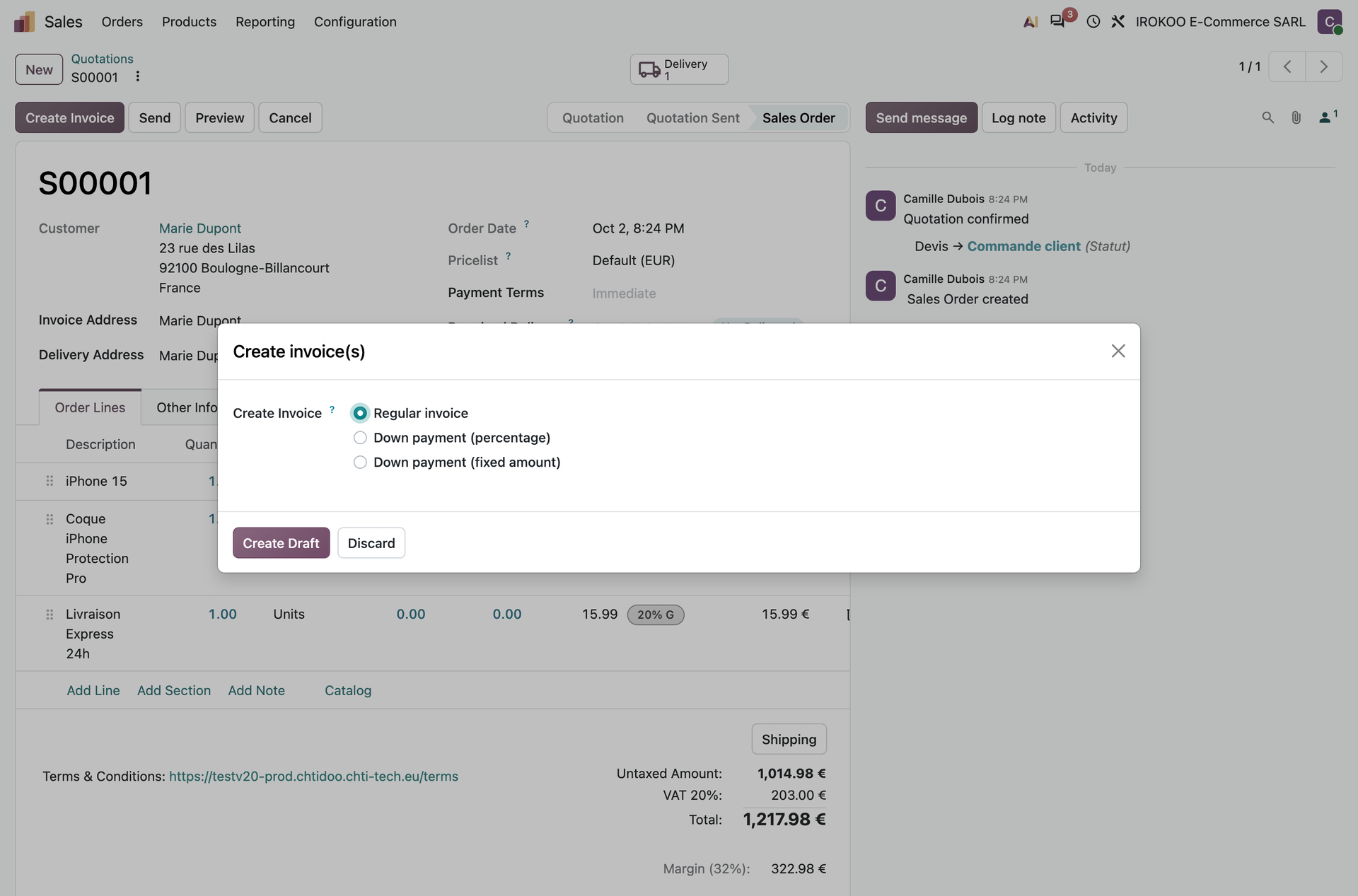 Invoice creation wizard from an order