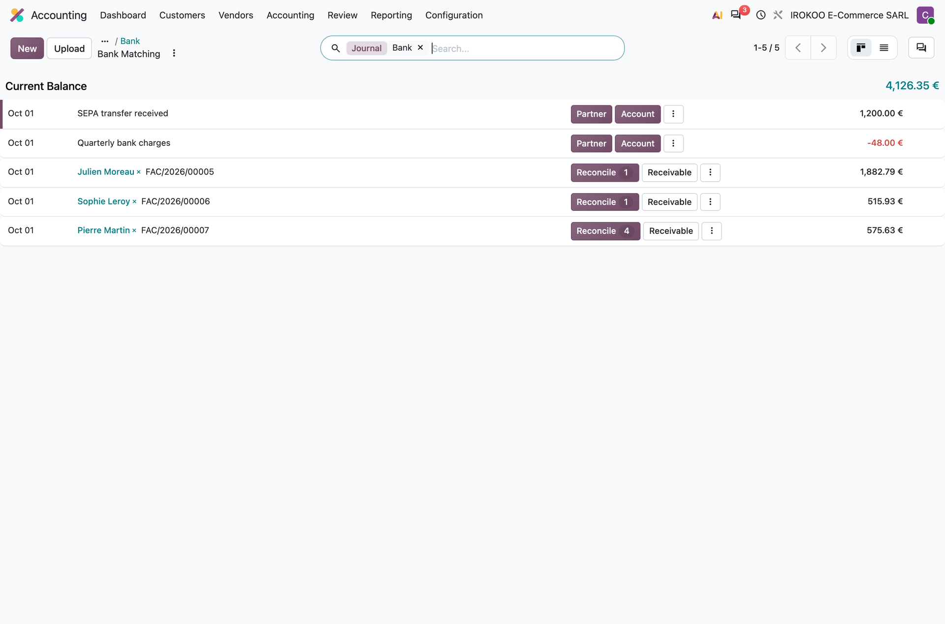 The bank reconciliation screen