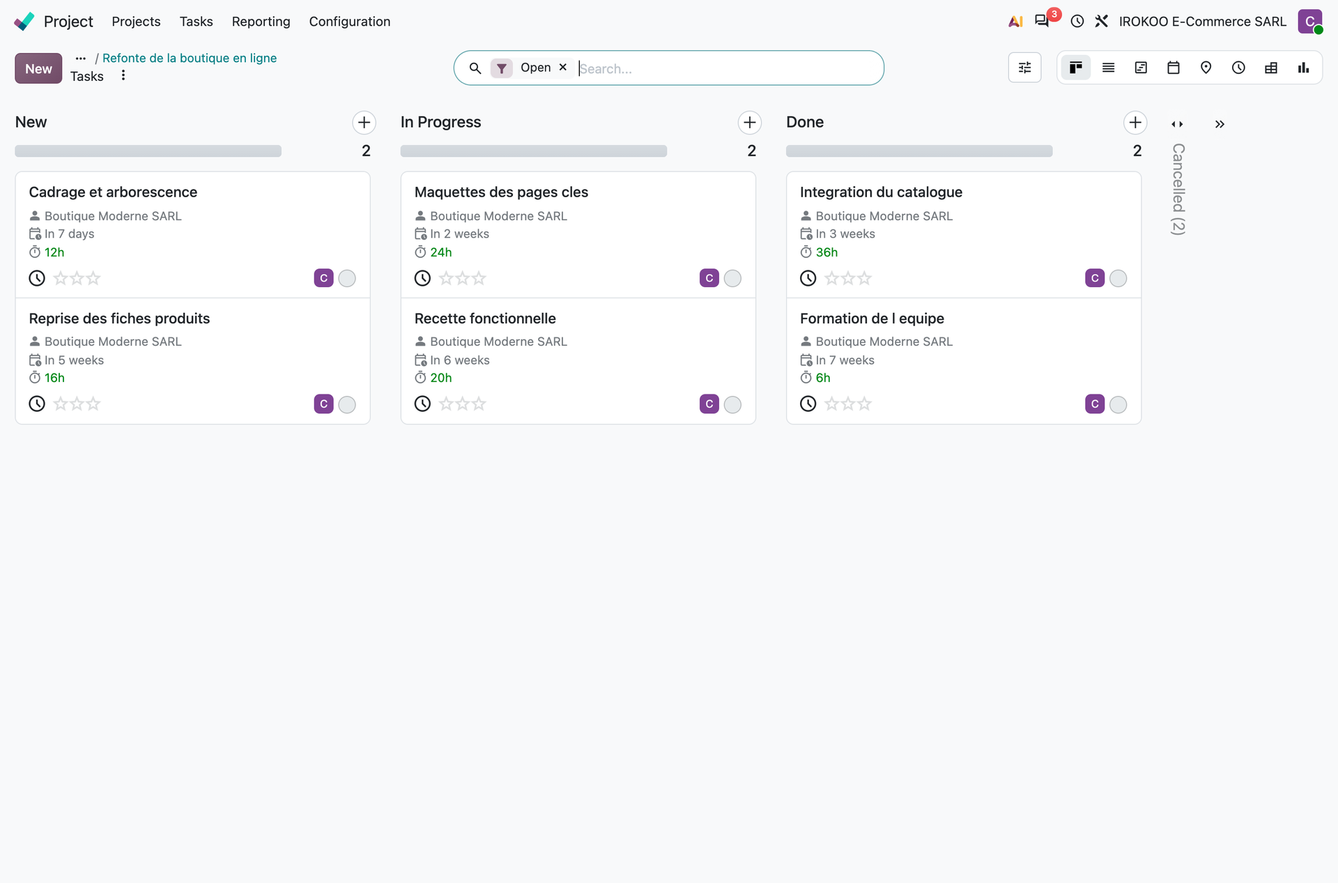 Project tasks in kanban view