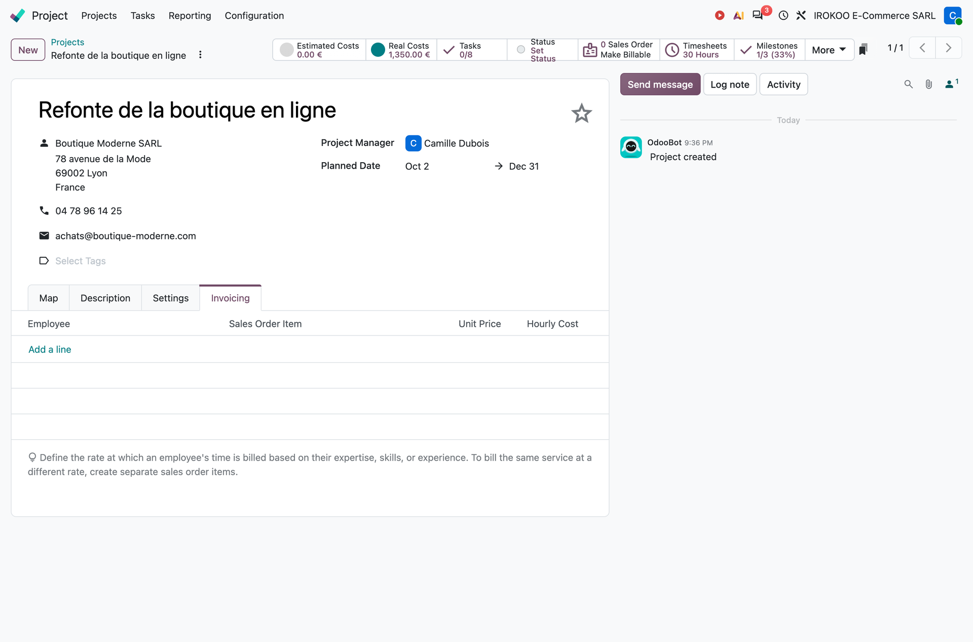Smart buttons of a billable project