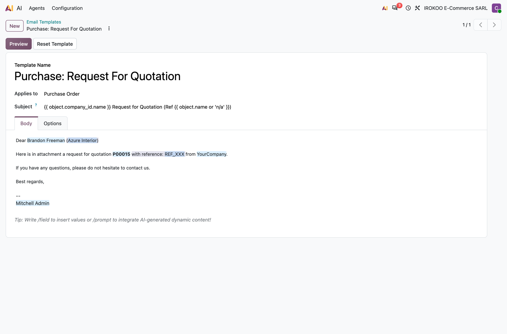Email template and its Body tab