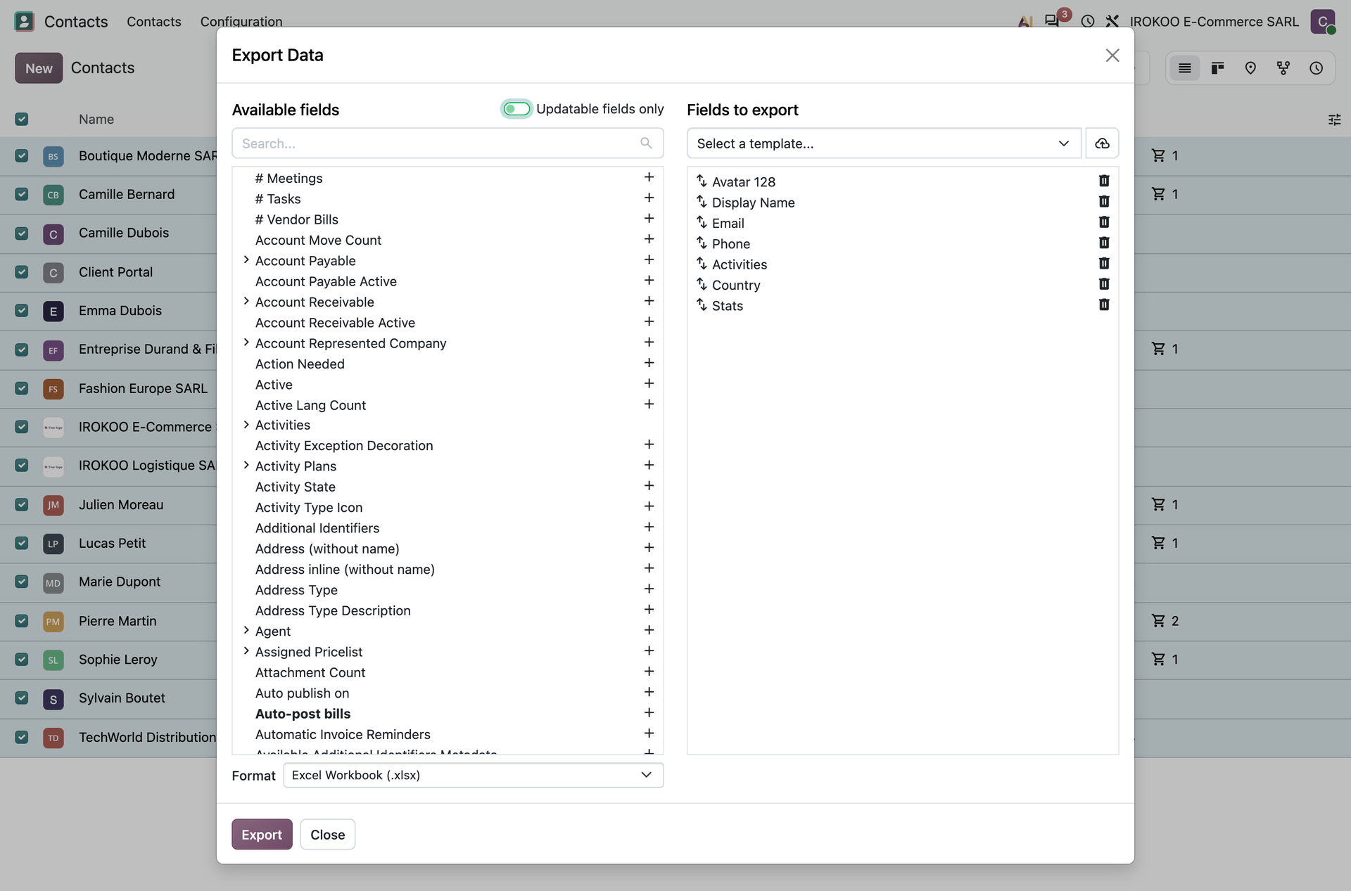 Data export dialog